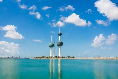 Kuwait Towers over turquoise water
