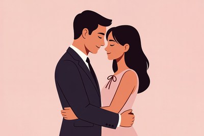 Asian couple hugging illustration