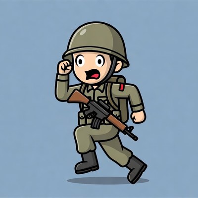 Cartoon Soldier Running with Rifle