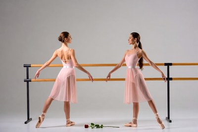 Two ballerinas at barre with rose