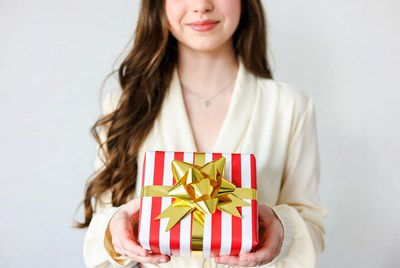 Young woman holding red gift box