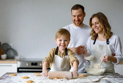 Family baking cookies together in kitchen