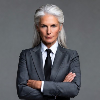 Elegant older woman in suit arms crossed