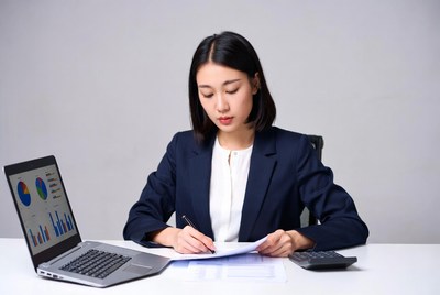 Asian woman analyzing data on laptop