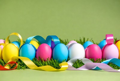 Colorful Easter eggs with ribbons