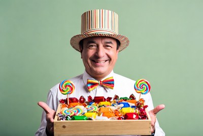 Man holding candy box with lollipops