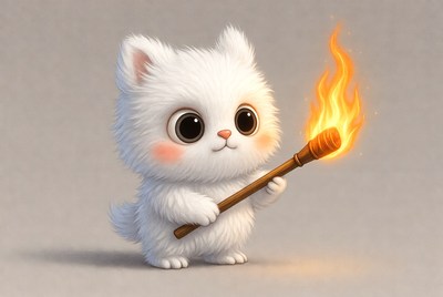 Cute white kitten holding torch