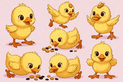 Cute yellow chicks illustration set