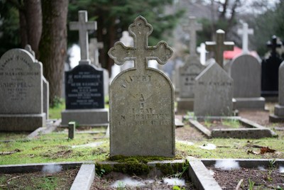 Graveyard with tombstones and crosses
