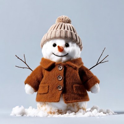 Snowman in brown coat and hat