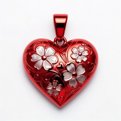 Red Heart Pendant with White Flowers