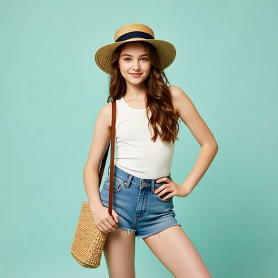 Young woman in straw hat and denim shorts