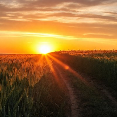 Sunset over wheat field path