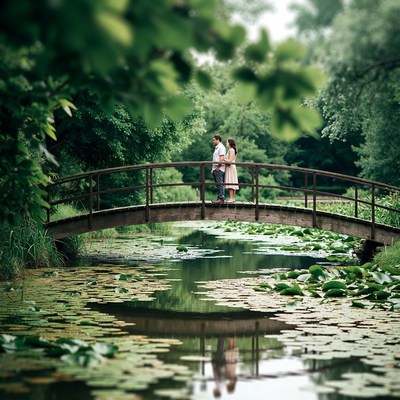 Couple standing on wooden bridge
