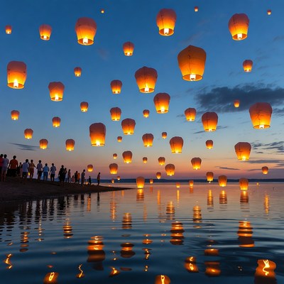 People Releasing Sky Lanterns at Sunset Lake