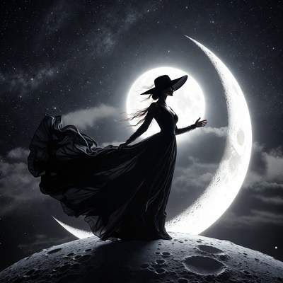 Woman in black dress on moon