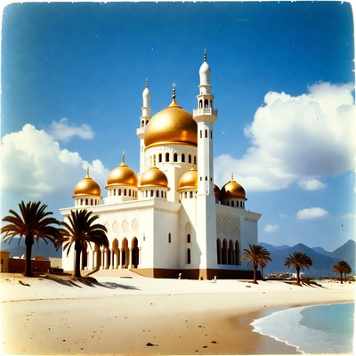 White Mosque with Golden Domes on Beach