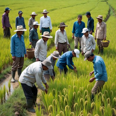 Asian farmers harvesting rice field