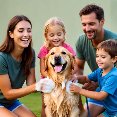 Family washing golden retriever dog