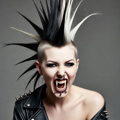 Punk woman with mohawk snarling fangs