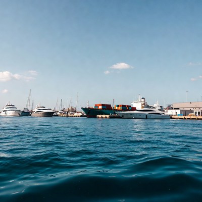 Luxury Yachts and Cargo Ship in Harbor
