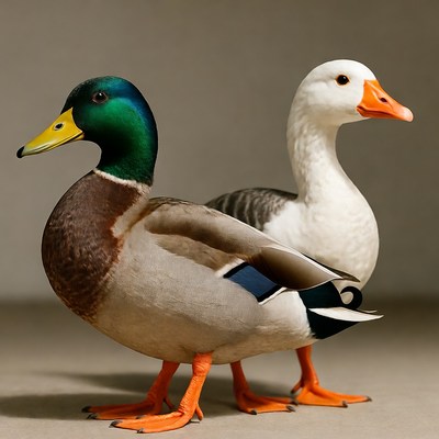 Mallard Duck and White Goose Standing