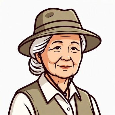 Elderly Asian woman in safari hat