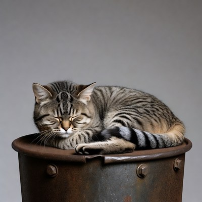 Tabby Kitten Sleeping in Rusty Drum