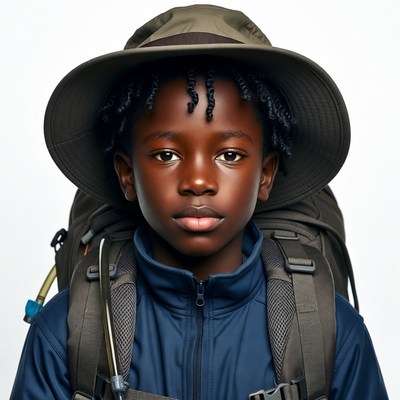 African boy with backpack and hat