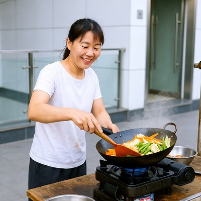 Asian woman stir-frying vegetables outdoors