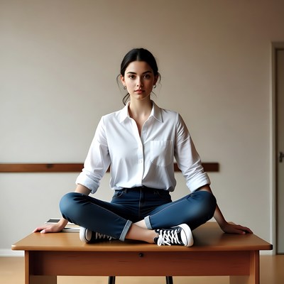 Woman sitting cross-legged on desk