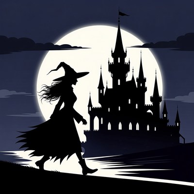 Silhouette Witch Walking Toward Castle