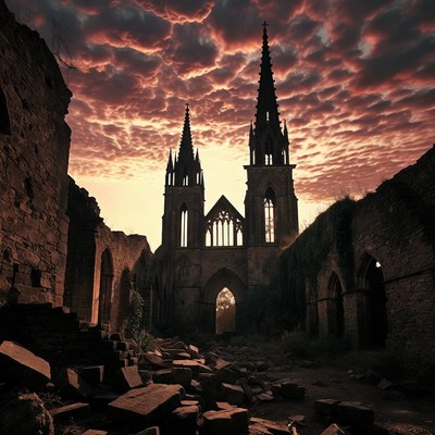 Ruined Gothic Cathedral at Sunset