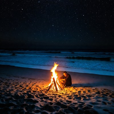 Man sitting by beach bonfire at night