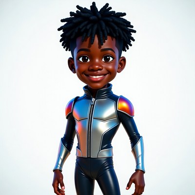Smiling African boy in silver spacesuit