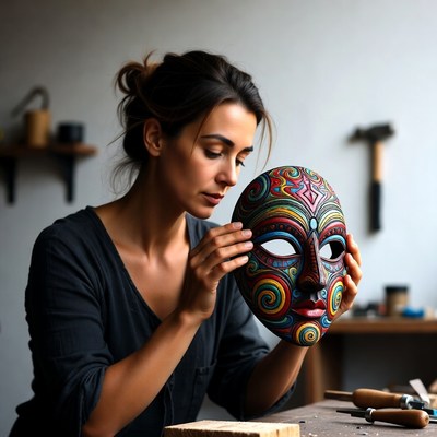 Woman holding colorful carved mask