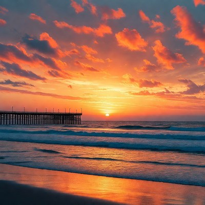 Sunset over pier and ocean waves