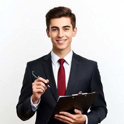 Young man holding clipboard and pen
