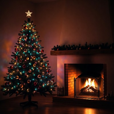 Lit Christmas Tree by Fireplace