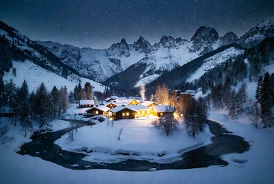Snowy Alpine Village at Night