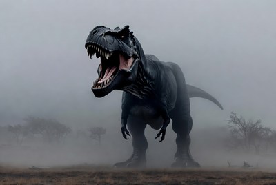 Roaring T-Rex in Foggy Landscape