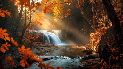 Autumn Waterfall in Forest with Sunbeams