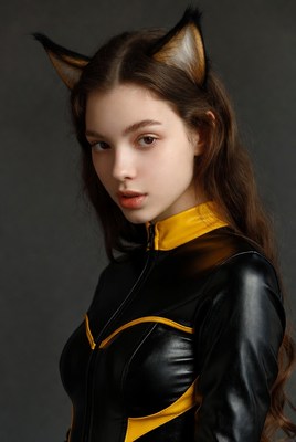 Woman wearing cat ears and black catsuit