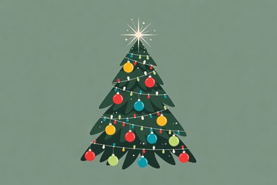 Illustrated Christmas Tree with Lights and Ornaments