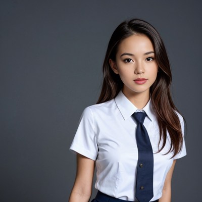 Asian woman in white shirt and navy tie