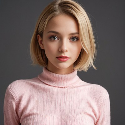 Blonde woman in pink turtleneck