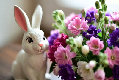 White bunny with pink flowers