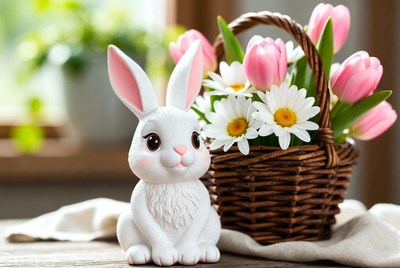 White bunny with flower basket