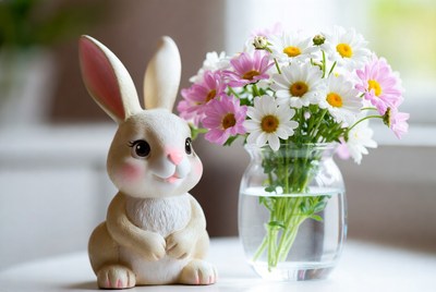 White bunny next to daisies