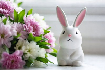 White bunny with pink flowers